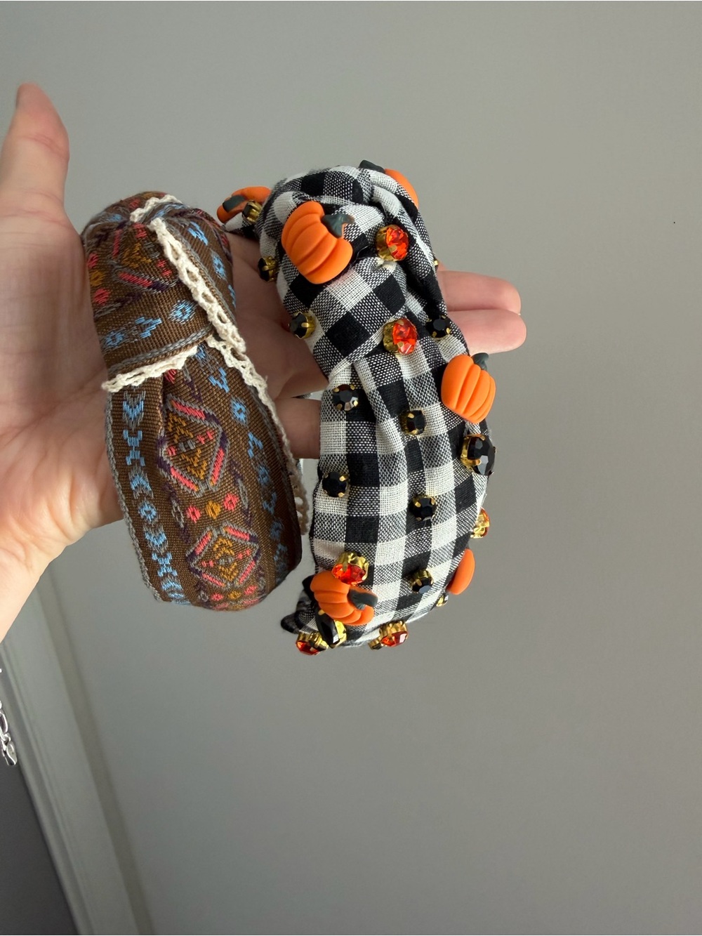 Lot of 2 Padded Fabric Halloween Pumpkin Gingham Beaded Rhinestone Headbands